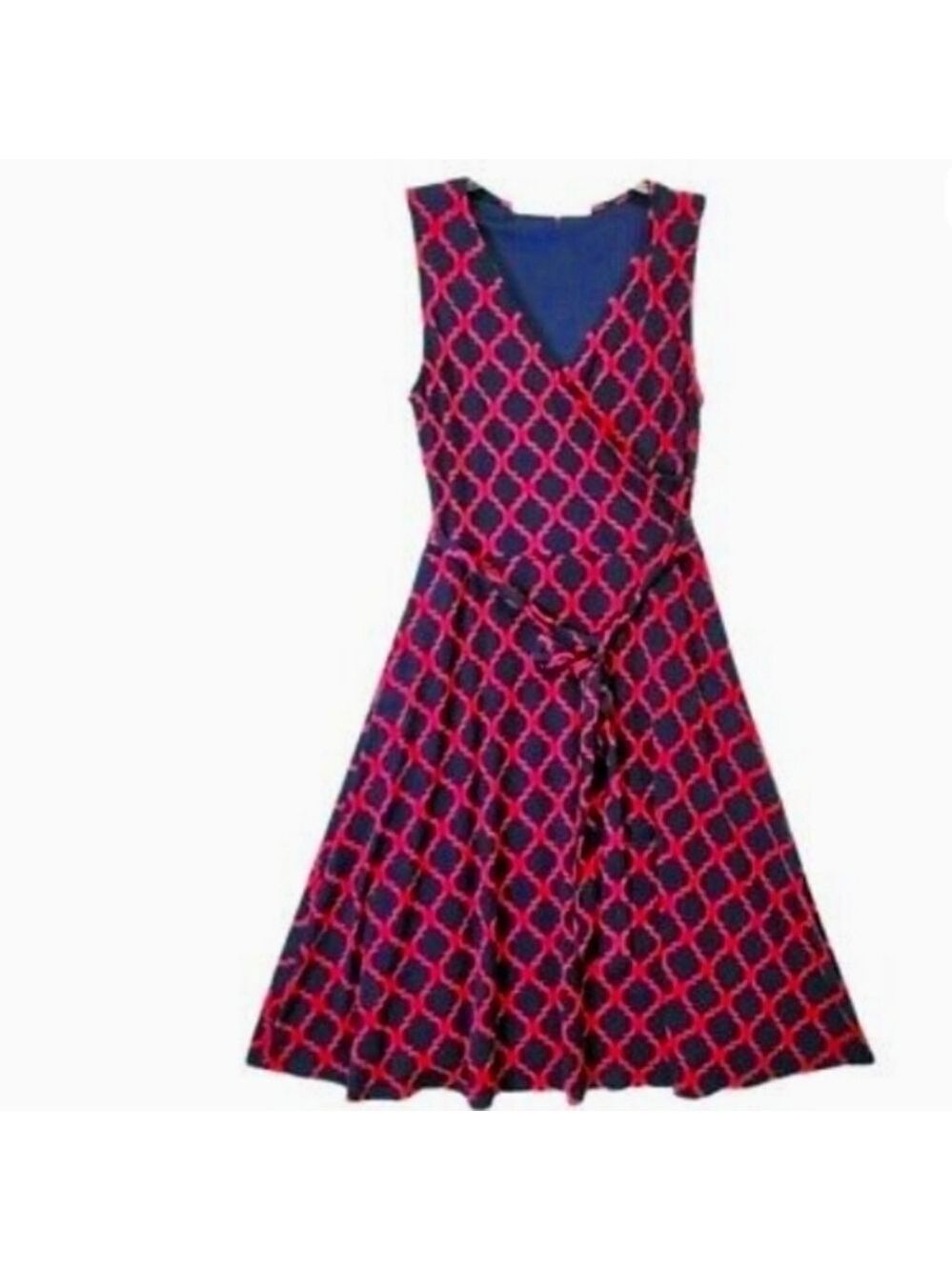 41 HAWTHORN Red Blue Ogee Geometric Pattern Faux Wrap Sleeveless Dress Small